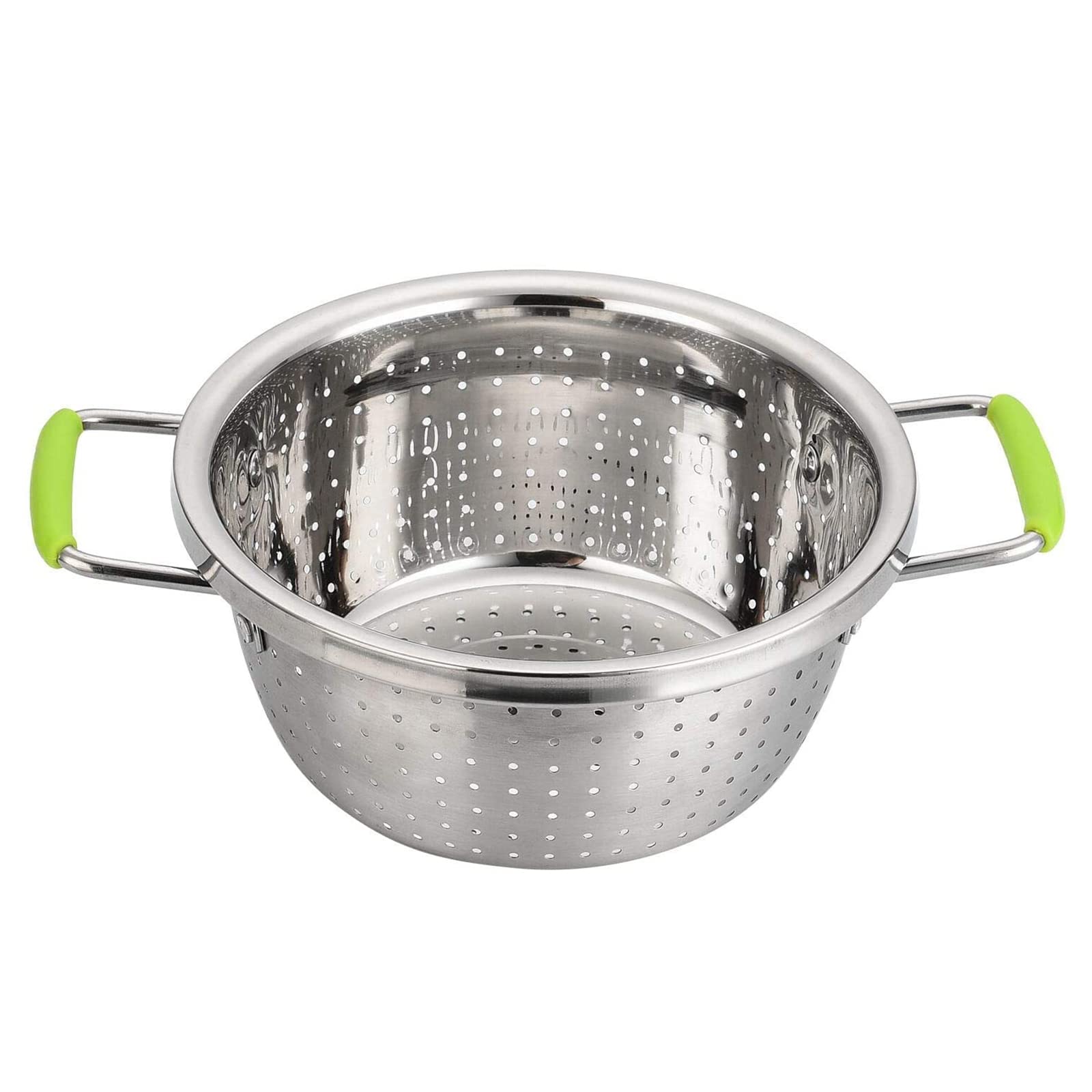 Stainless Steel Deep Colander Micro-Perforated 2.5 Quart Metal Food Strainer With Green Silicone Handles For Draining Pasta Clea