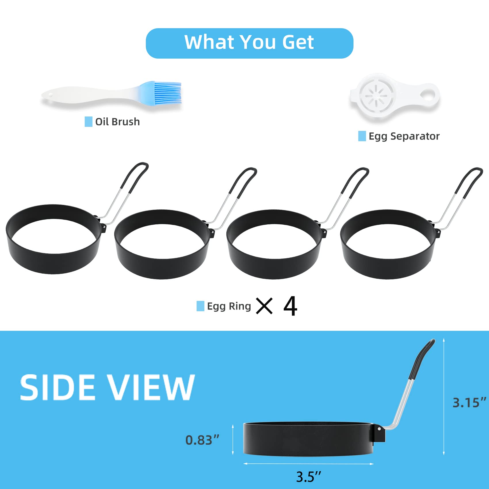 Ameupin Egg Rings  3.5 Inch Egg Cooking Rings for Griddle Frying Eggs (4 Pack Food Grade Stainless Steel Non Stick Round Egg Pancake Molds with Oil Brush and Egg Separator)