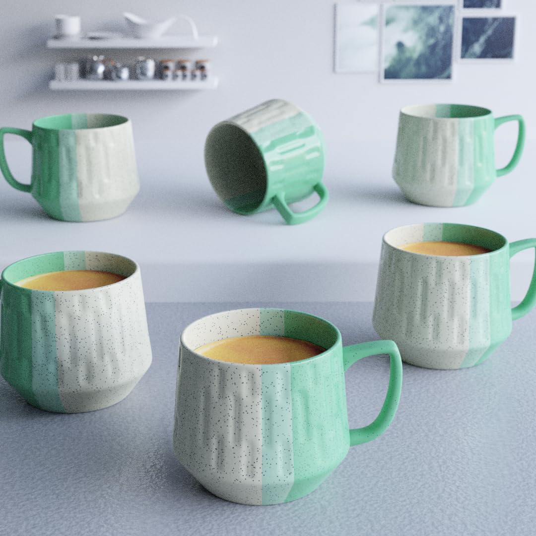 The Earth Store Tritone Green Mellowline Tea Cup Set of 6180ml Each Capacity, Microwave and Dishwasher Safe, Ideal for Home, Of