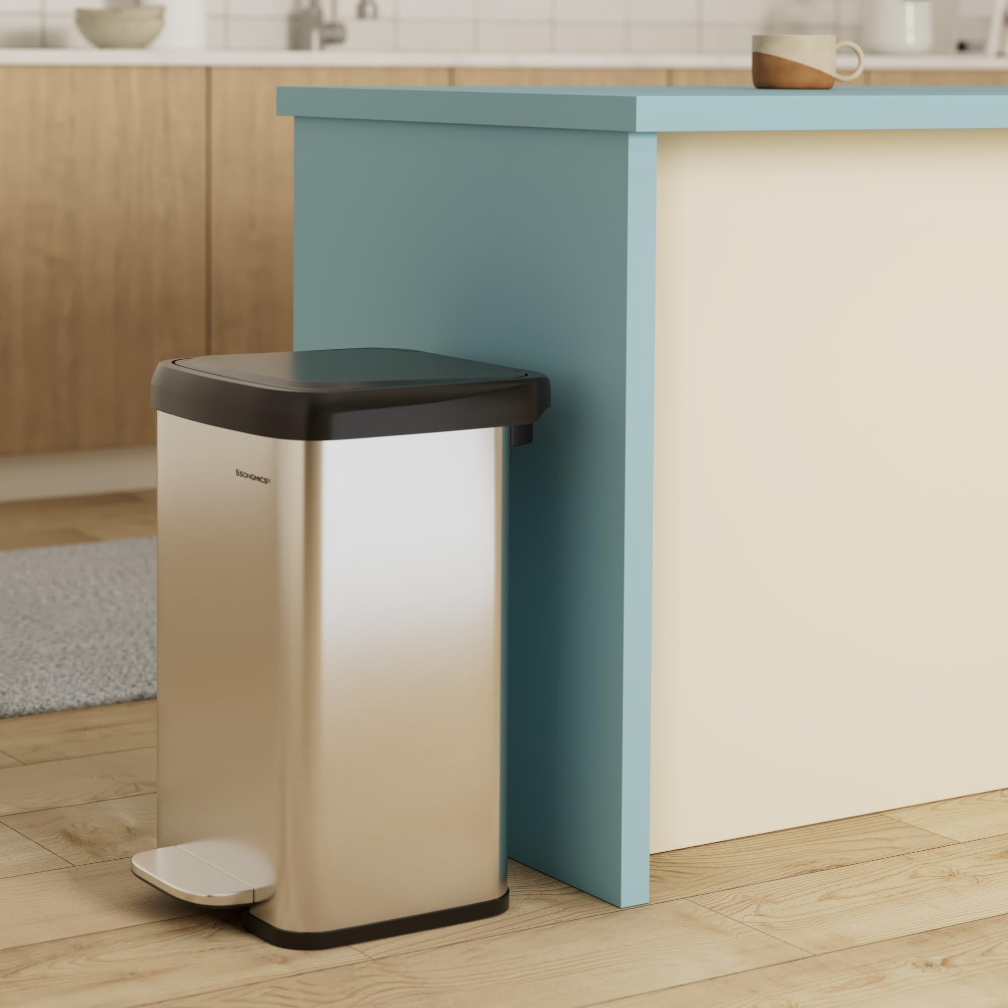 Songmics Kitchen Trash Can, 13 Gallon (50 L) Stainless Steel Garbage Can, With Stay-Open Lid And Step-On Pedal, Soft Closure, Ta