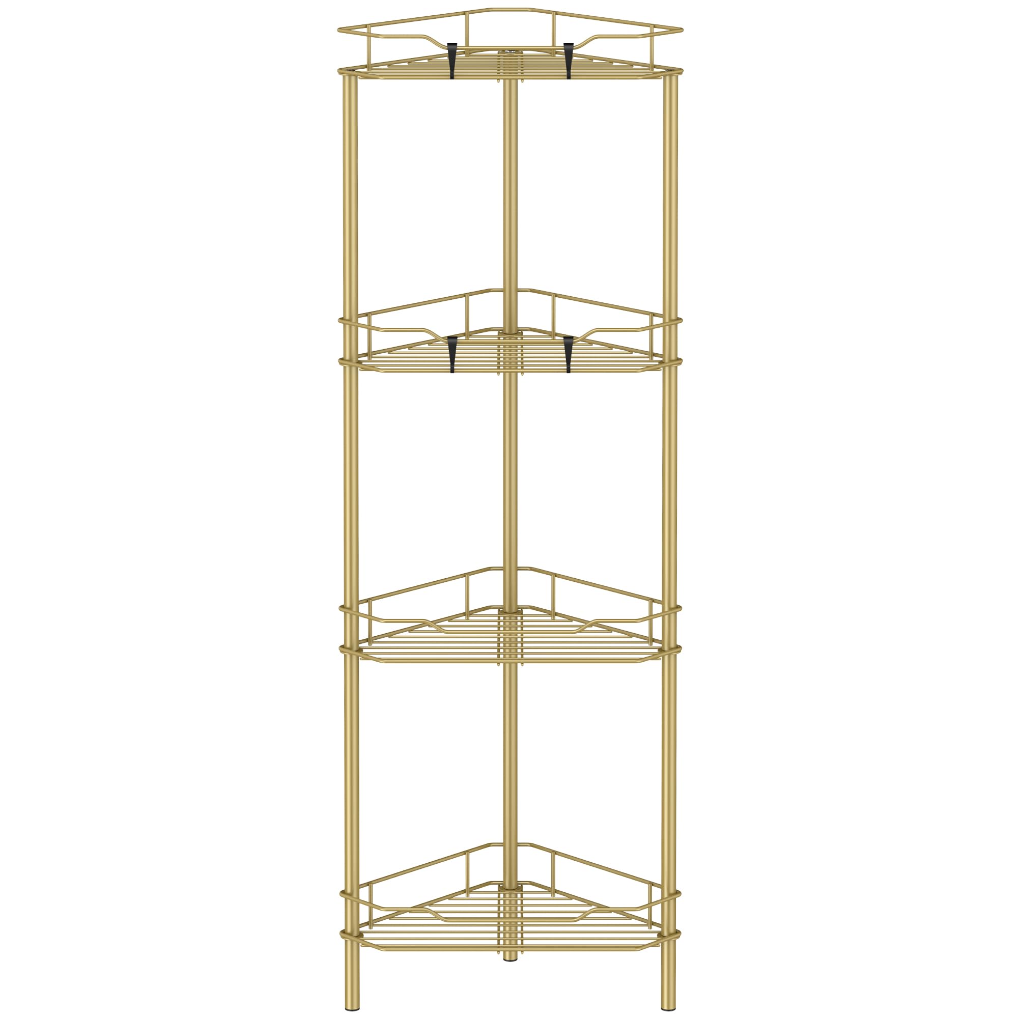 HuggieGems 4 Tier Floor Standing Corner Shower Caddy Organizer Shelf with Hooks, Bathroom Shelves Stand Rack, Gold