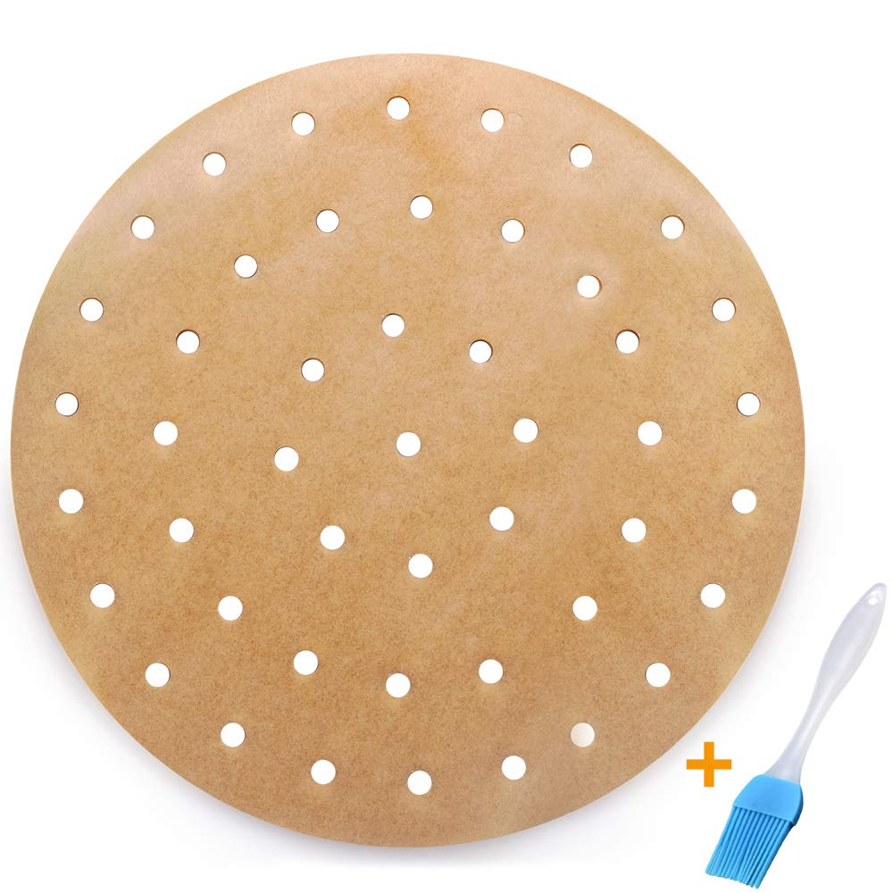 100Pcs Unbleached Air Fryer Liners, 9Inch Bamboo Steamer Liners, Vancens Premium Perforated Parchment Steaming Paper Rounds, Non