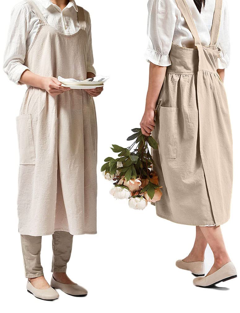 losofar Women Girls Vintage Apron - Cross Back Cotton/Linen Blend, Beige, 32.3×41.3inch, Pinafore Dress with Two Pockets