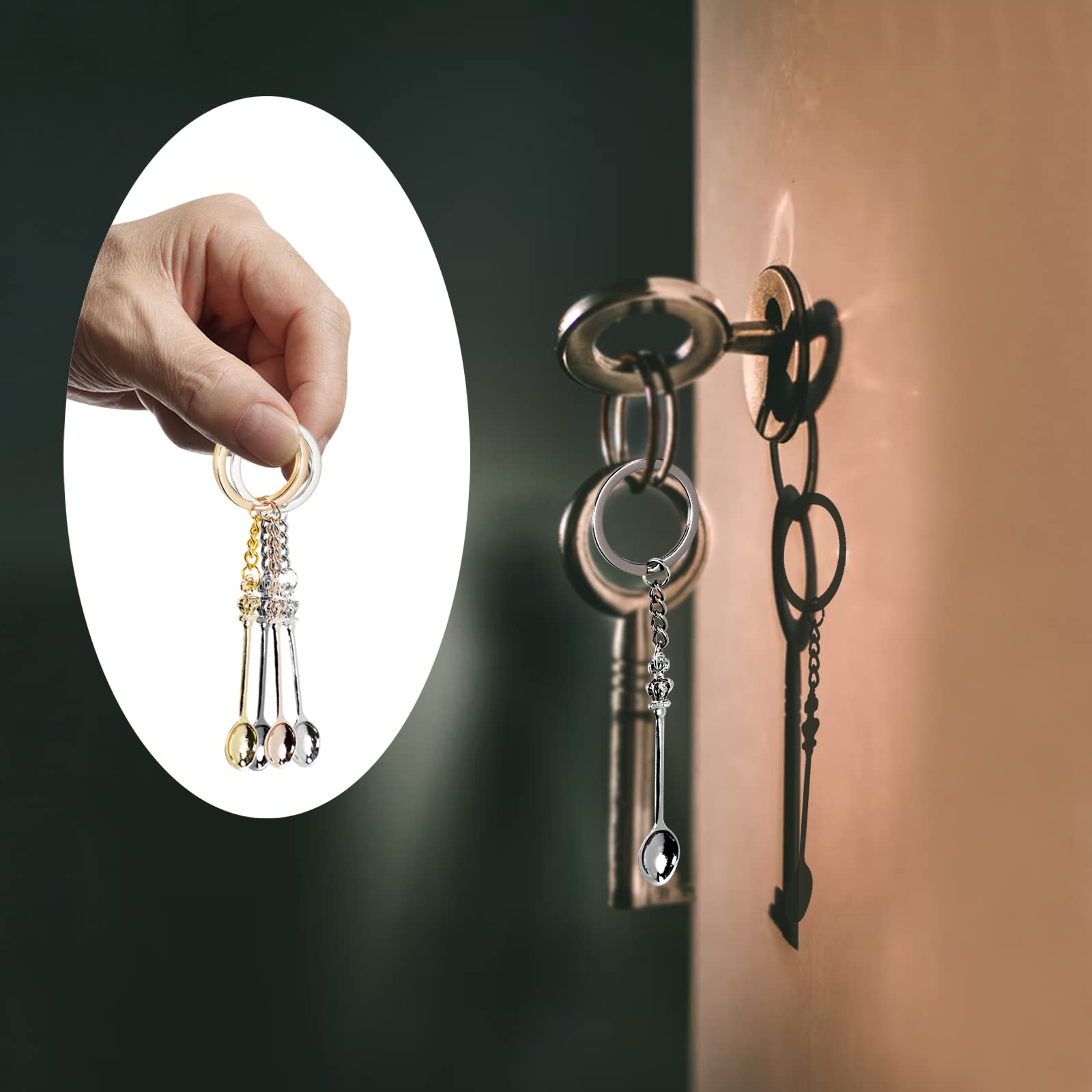 Meisuitd 4Pcs Mini Crown Spoon Keychain Pendant Necklace, Mini Spoon Teaspoon With King Queen Crown Pendant Key Ring For Filling