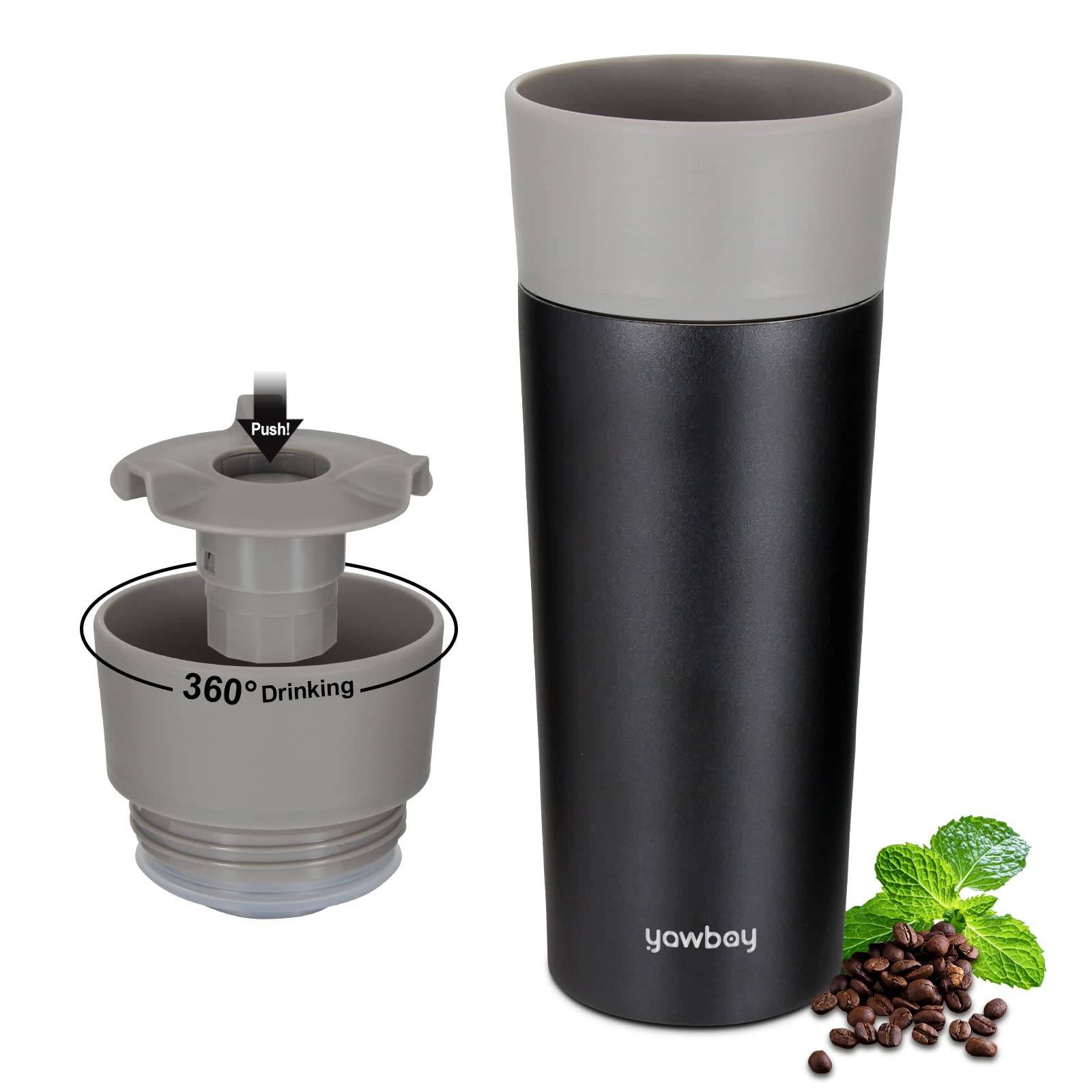 Yawbay Travel Coffee Mug, Travel Mug With 360All-Round Drinking Lid, Vacuum Insulated Tumbler, Stainless Steel Tumbler, Double W