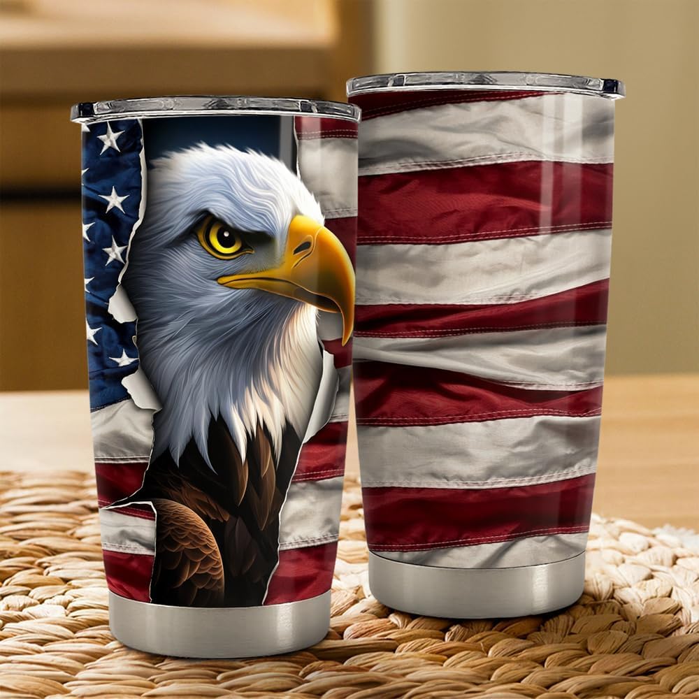 SANDJEST Eagle Tumbler 20oz Stainless Steel Insulated Coffee Travel Mug Cup American Flag Eagle Gifts for Men, Veterans on Birth