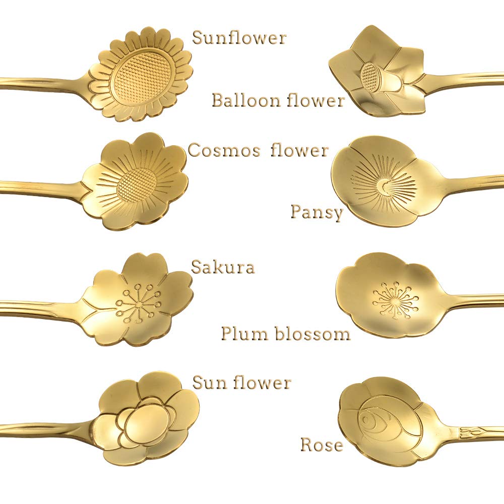 Ansaw 8 Pcs Flower Spoon Set, Stainless Steel Reusable Tea Scoops Stirring Spoon Coffee Spoon Mixing Spoon Sugar Dessert Cake Sp