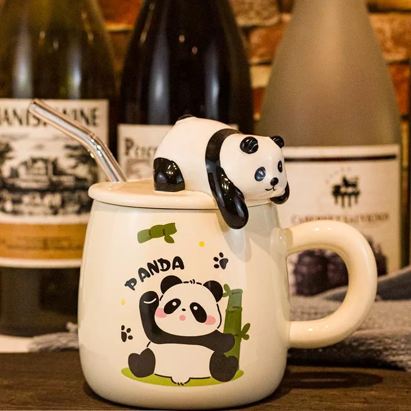 Vasukie Panda Coffee Mug With Lid & Glass Spoon, Mugs For Coffee, Rakhi For Brother, Birthday Gift, Ceramic Mug, 3D Panda Coffee