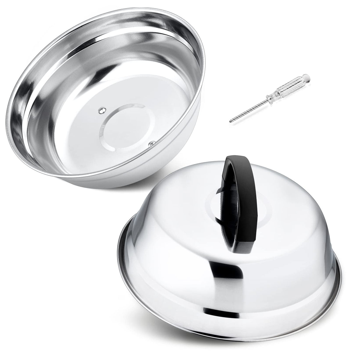 9In Cheese Melting Dome, Hasteel 2Pcs Stainless Steel Round Basting Cover, Lightweight Steam Cover Lid With Plastic Handle, Dura