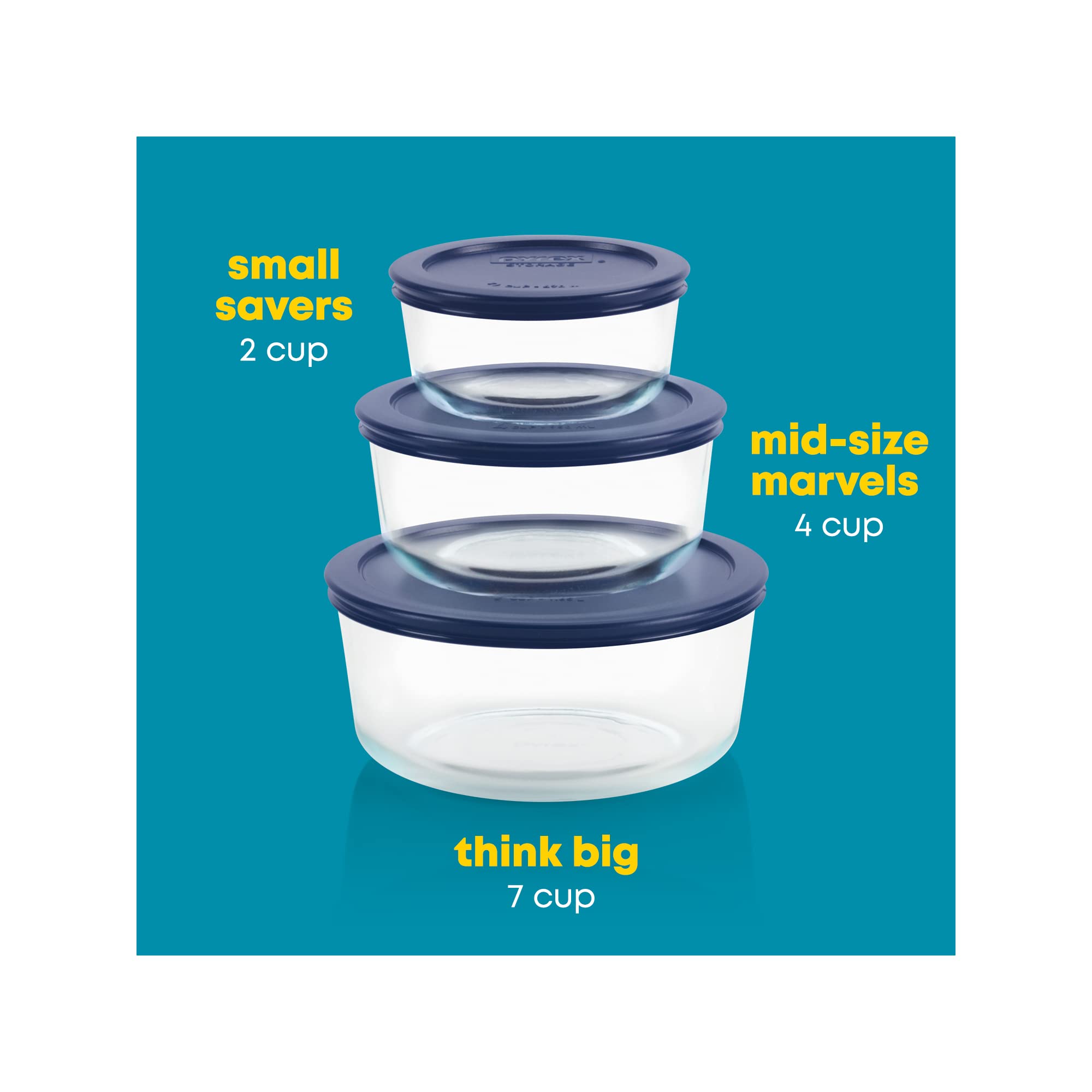 Pyrex Simply Store 3-Pack (2, 4 & 7 Cup) Large Round Glass Food Storage Set With Bpa-Free Lids, Dishwasher, Microwave & Freezer