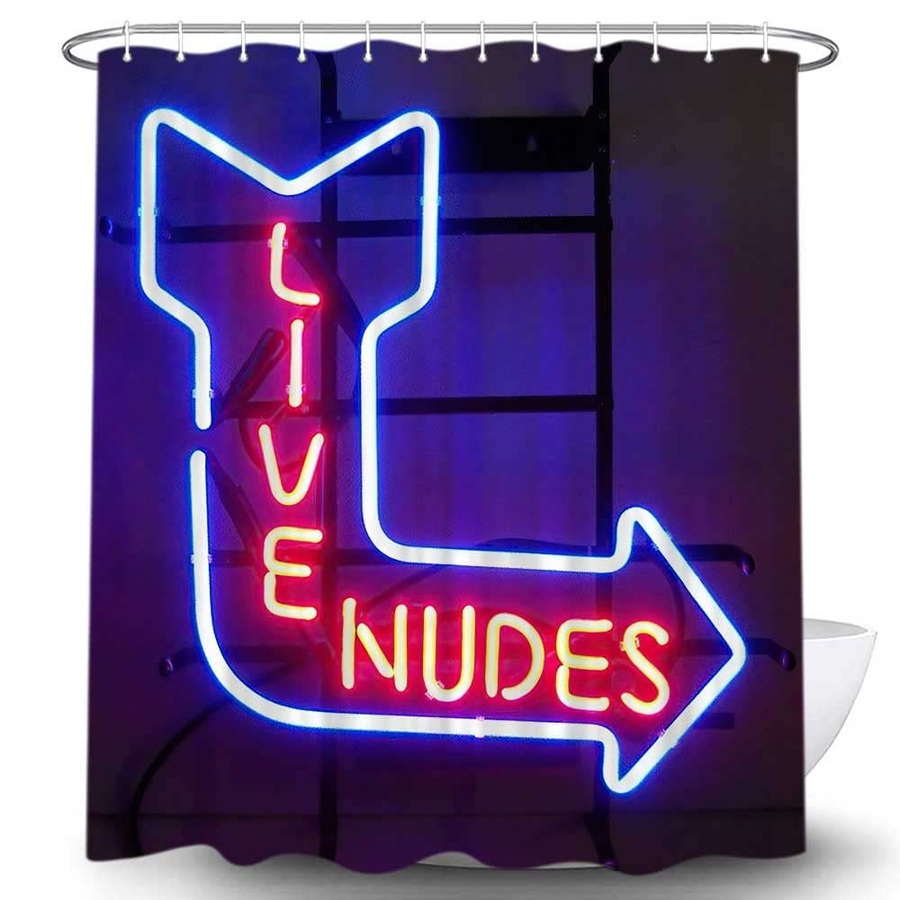 Unique Funny Shower Curtain For Bathroom, Fun Neon Signs Live Nudes Fabric Shower Curtains Set, Cool Design Restroom Decor Acces
