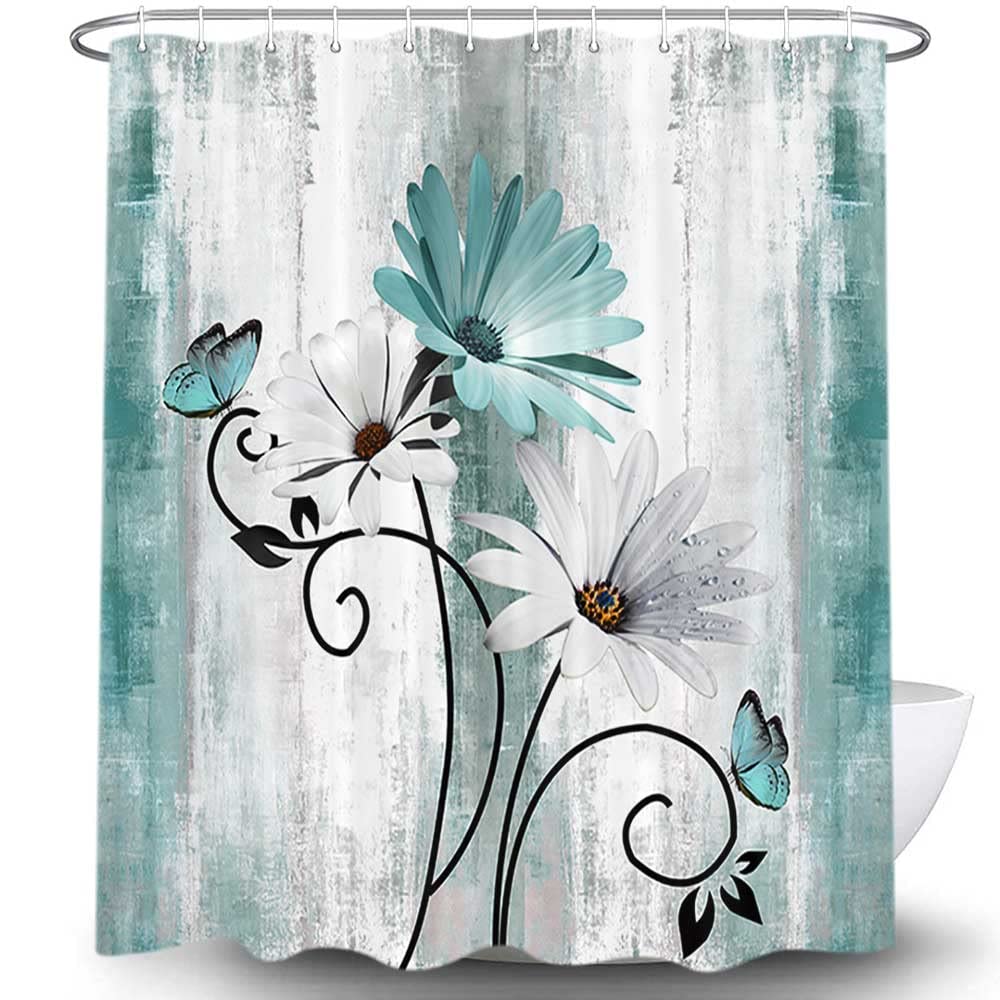 VeiVian Rustic Farmhouse Shower Curtain  Farm Teal Daisy Floral Flowers and Butterfly on Country Wooden Shower Curtain for Bathroom  Turquoise Blue Bathroom Shower Curtains with 12PCS Hooks  70X75IN