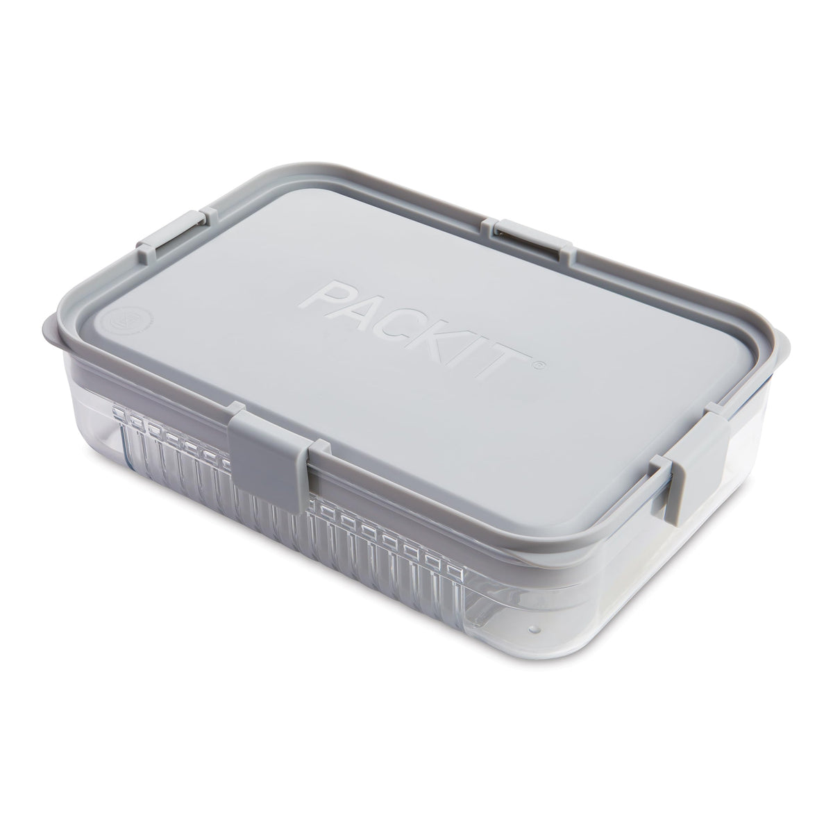 Packit Mod Large Bento Food Storage Container, Steel Gray, Shatterproof Crystal Clear Base, With Leak-Resistant Dividers, Lid, M