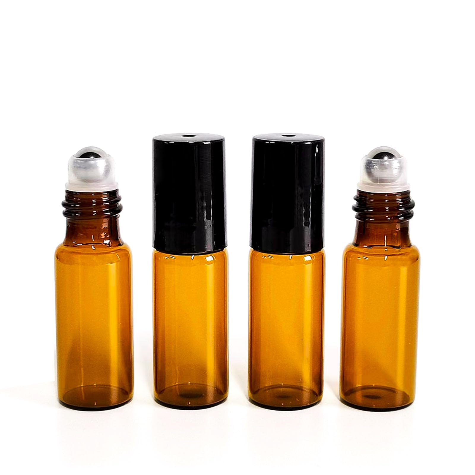 50 Pcs 5Ml Amber Glass Roller Bottle,Essential Oil Sample Vials With Stainless Steel Roller Ball,Black Caps,For Travel Perfume C