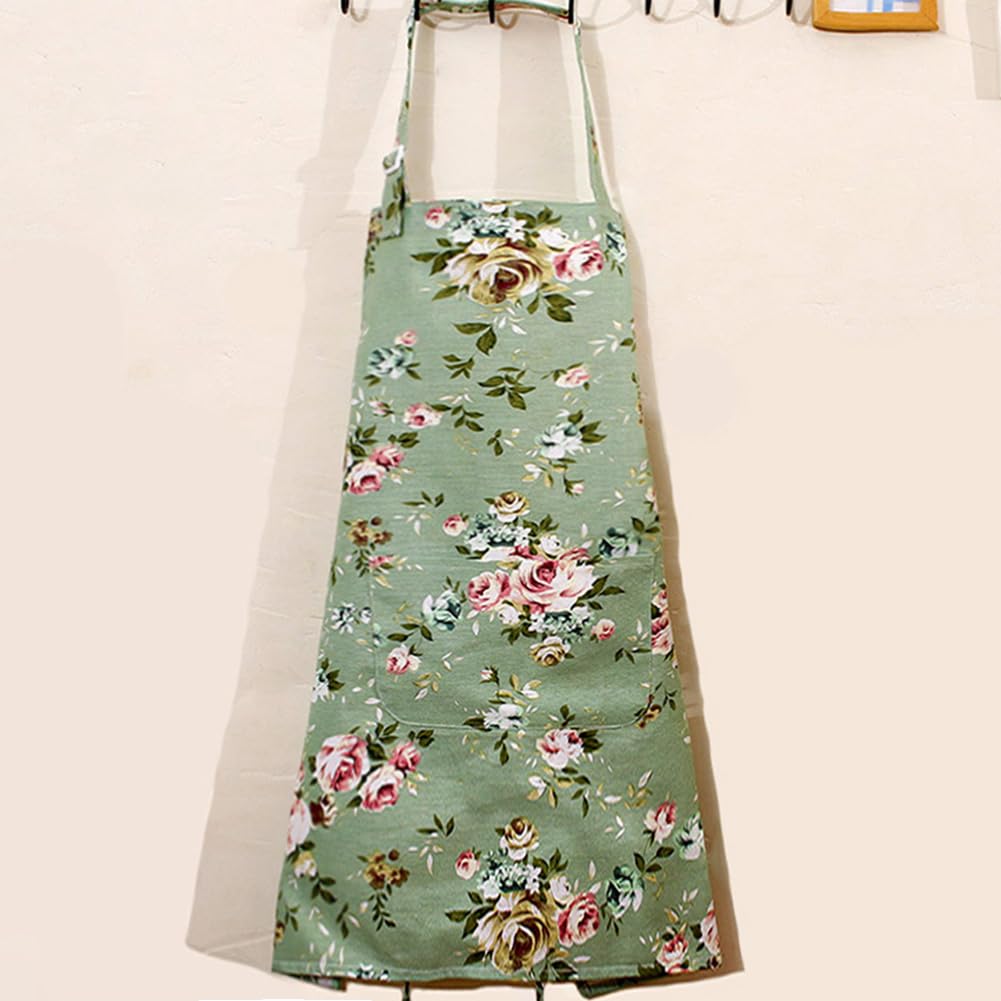 Ddjyp Women Kitchen Apron-2 Pack, Cotton Canvas Flower Apron, Floral Pattern Apron With Pockets For Women Chef Apron(Green&Blue)