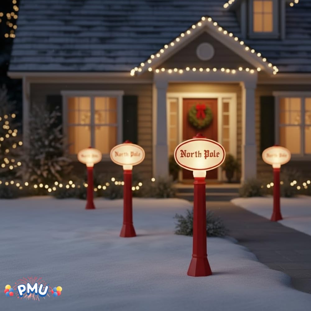 PMU Christmas Light-Up North Pole Sign - Plastic Blow Mold Statue Illuminated with 6 Cord and Light - Perfect Decor for Street,