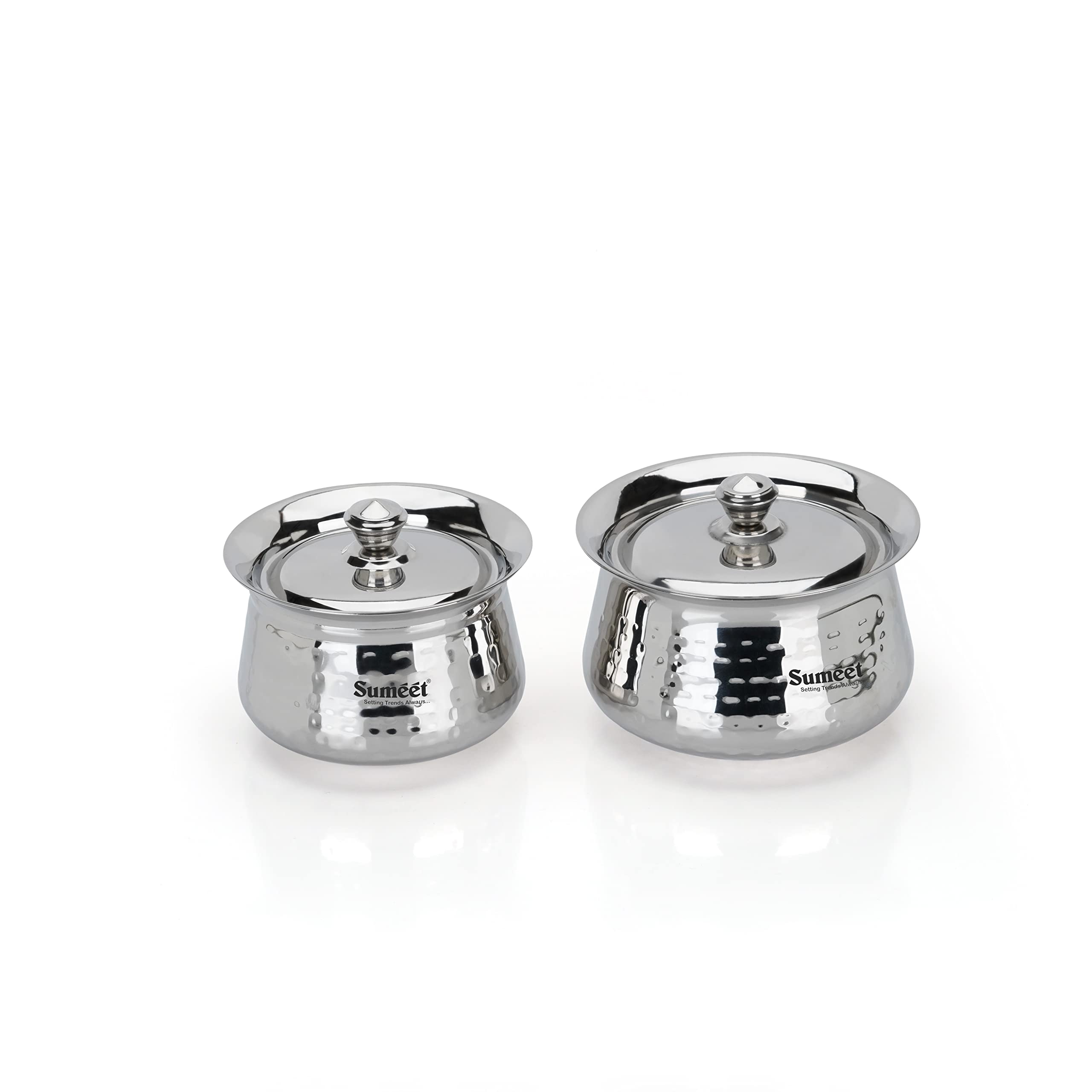 Sumeet Stainless Steel Handcrafted Hammered Texture Handi Set With Lid For Kitchen, Set Of 2, 650Ml & 950Ml, Silver