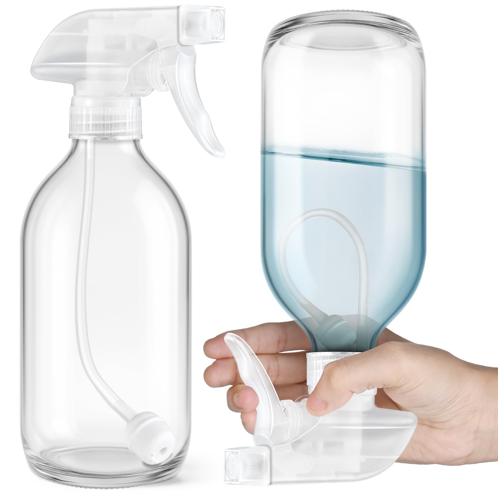Tecohouse 2 Pack 360 Glass Spray Bottles Clear, 16 oz Empty Refillable Containers with Adjustable Spray Nozzles, Spray Bottles f