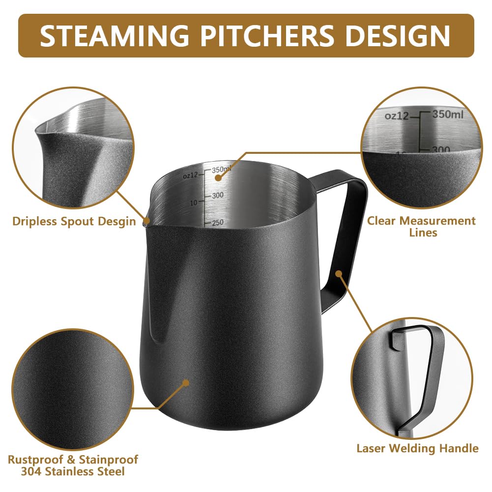 Frothing Milk Pitcher, 12 Oz/350 Ml Stainless Steel Frothing Milk Jug With Latte Art Pen,With Internal Measurements, For Cappucc