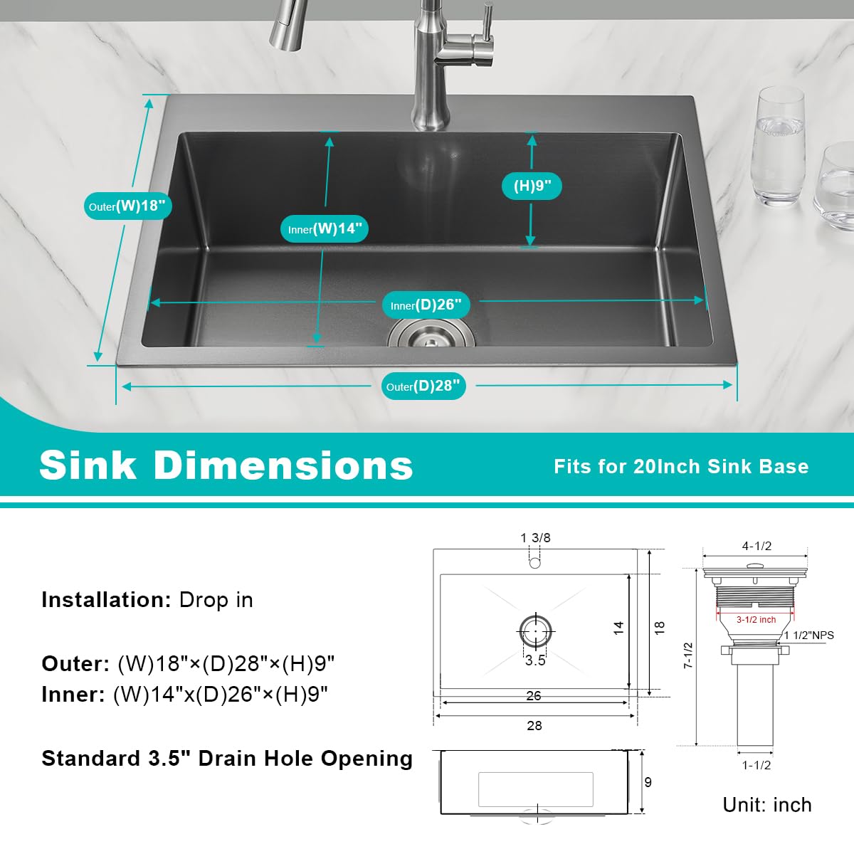 Tsibomu 28 X 18 Inch Drop In Kitchen Sink Single Faucet Hole, 18 Gauge 304 Stainless Steel Handmade Single Bowl Topmount Kitchen