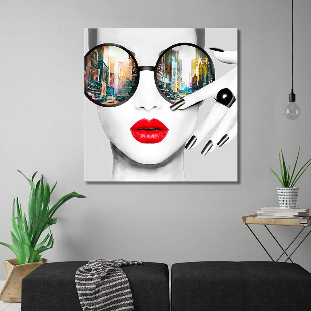 Contemporary Wall Art Modern Fashion Women with Red Lip Canvas Print Stylish Feminine Wall Art Painting Framed Cityscape Piture Ready to Hang for Home Decoration (28x28inch)