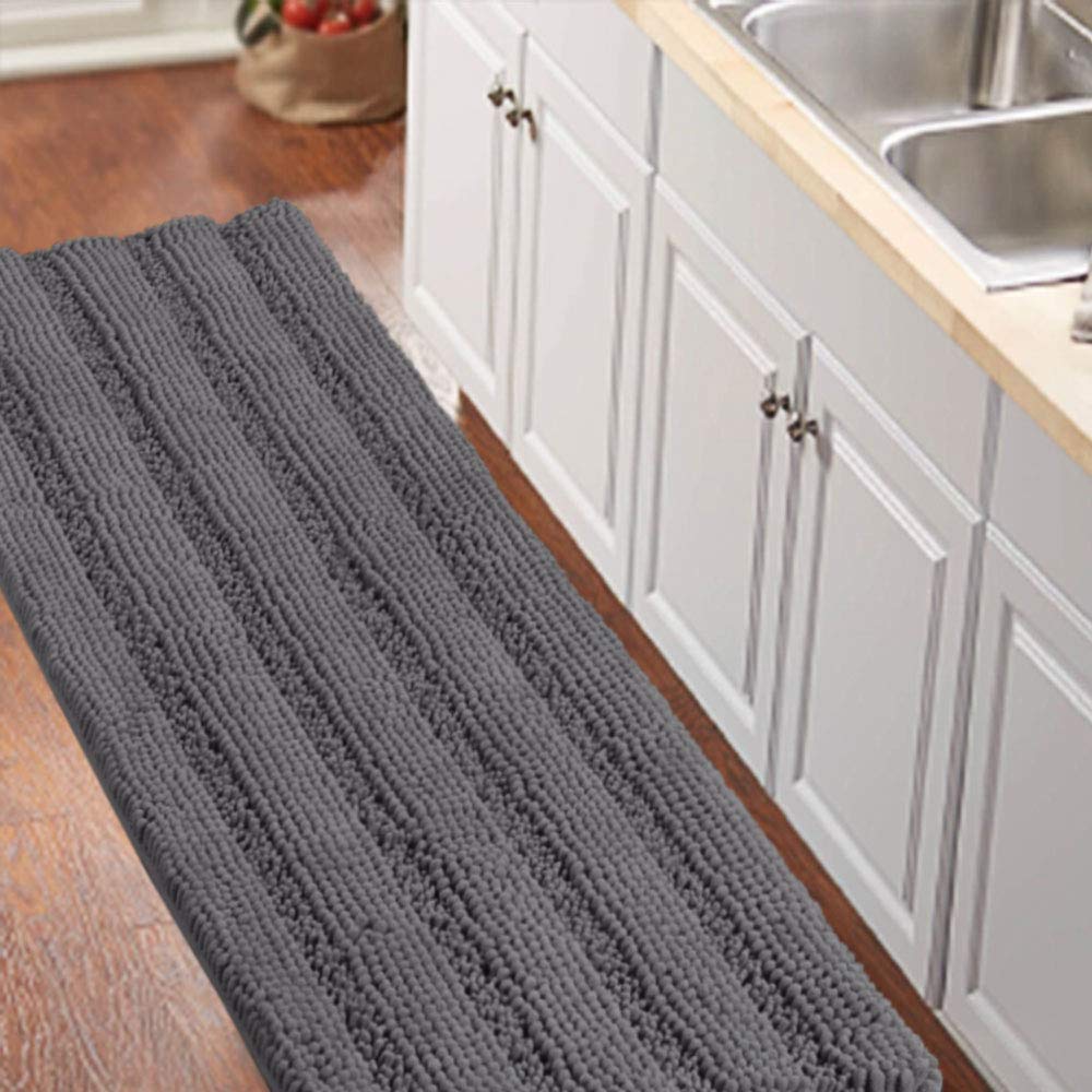 Bathroom Runner Rug Oversize Non-Slip Bathroom Rug Shag Shower Mat Extra Long Chenille Area Rug Grey Striped Bath Mat Runner Kit