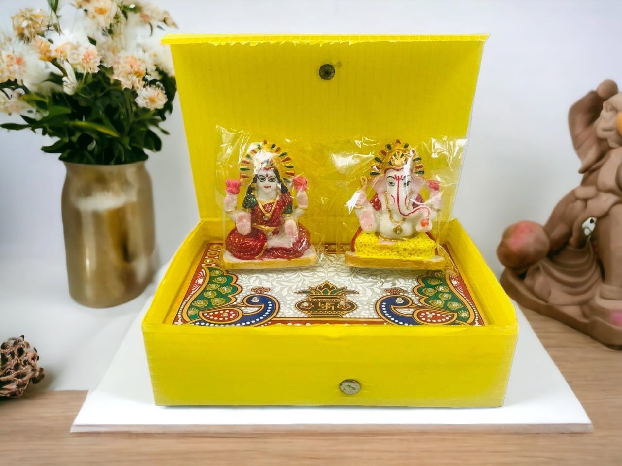 Sesonby Laxmi Ganesh Idol Handmade Religious Laxmi Ganesh With Chowki Pata Idols Showpiece Diwali Gift Diwali Pooja Home Decor-O