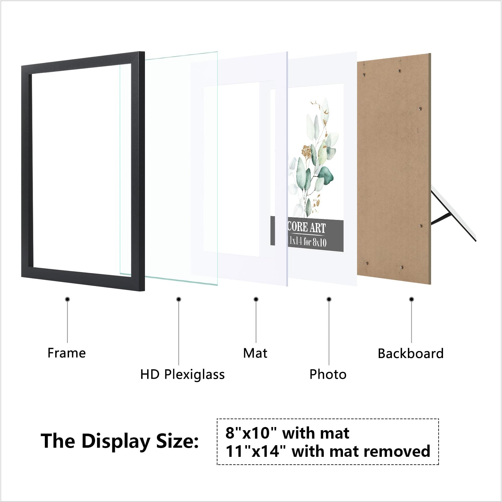 CORE ART 11x14 Picture Frame, Black Picture Frames 8x10 with Mat or 11 x 14 without Mat for Wall or Tabletop Display, 2 Pack