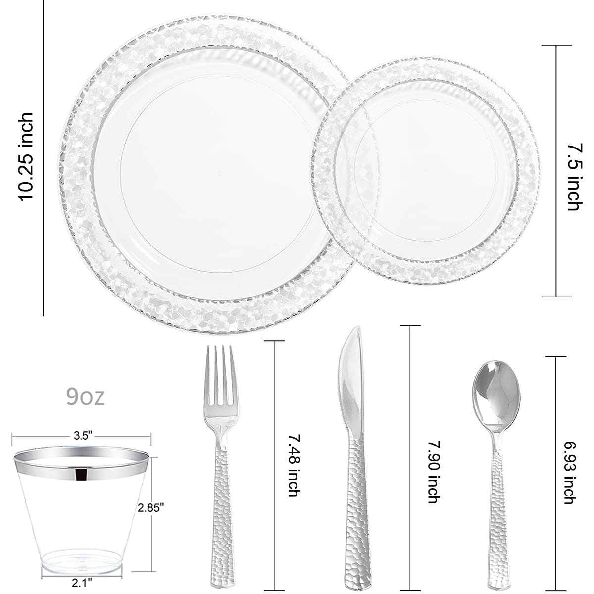 Ciaell 150Pcs Clear Silver Plastic Plates - Silver Disposable Plates Include 25Dinner Plates, 25Dessert Plates, 25Forks, 25Knive