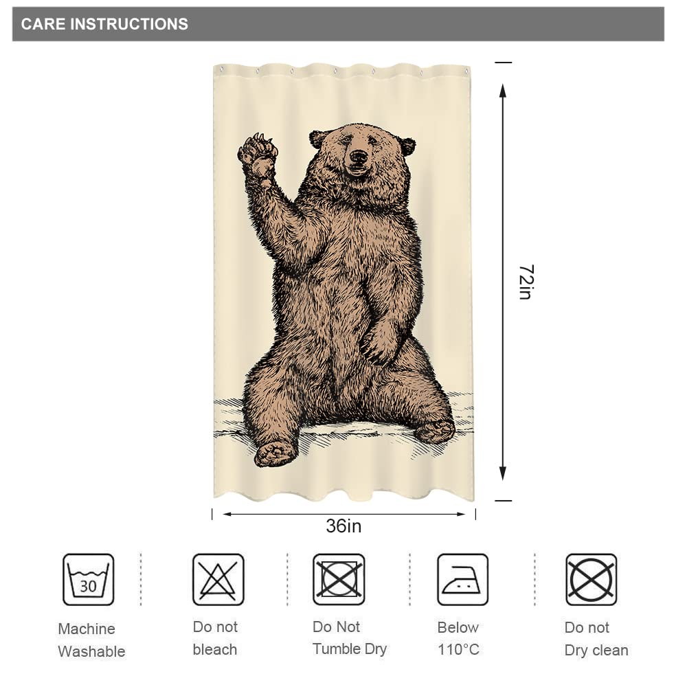Riyidecor Funny Stall Small Bear Rv Shower Curtain 36Wx72H Inch Animal Narrow Half Single Walkin Standing Kids Brown Say Hello K