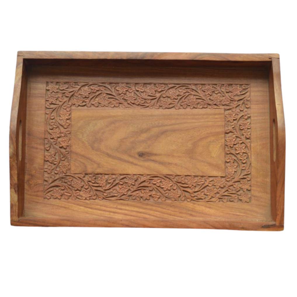 Craftghar Handmade Sheesham Wooden Serving Tray, Handcrafted Intricate Carvings Decorative Rectangle Wooden Serving Tray For Din