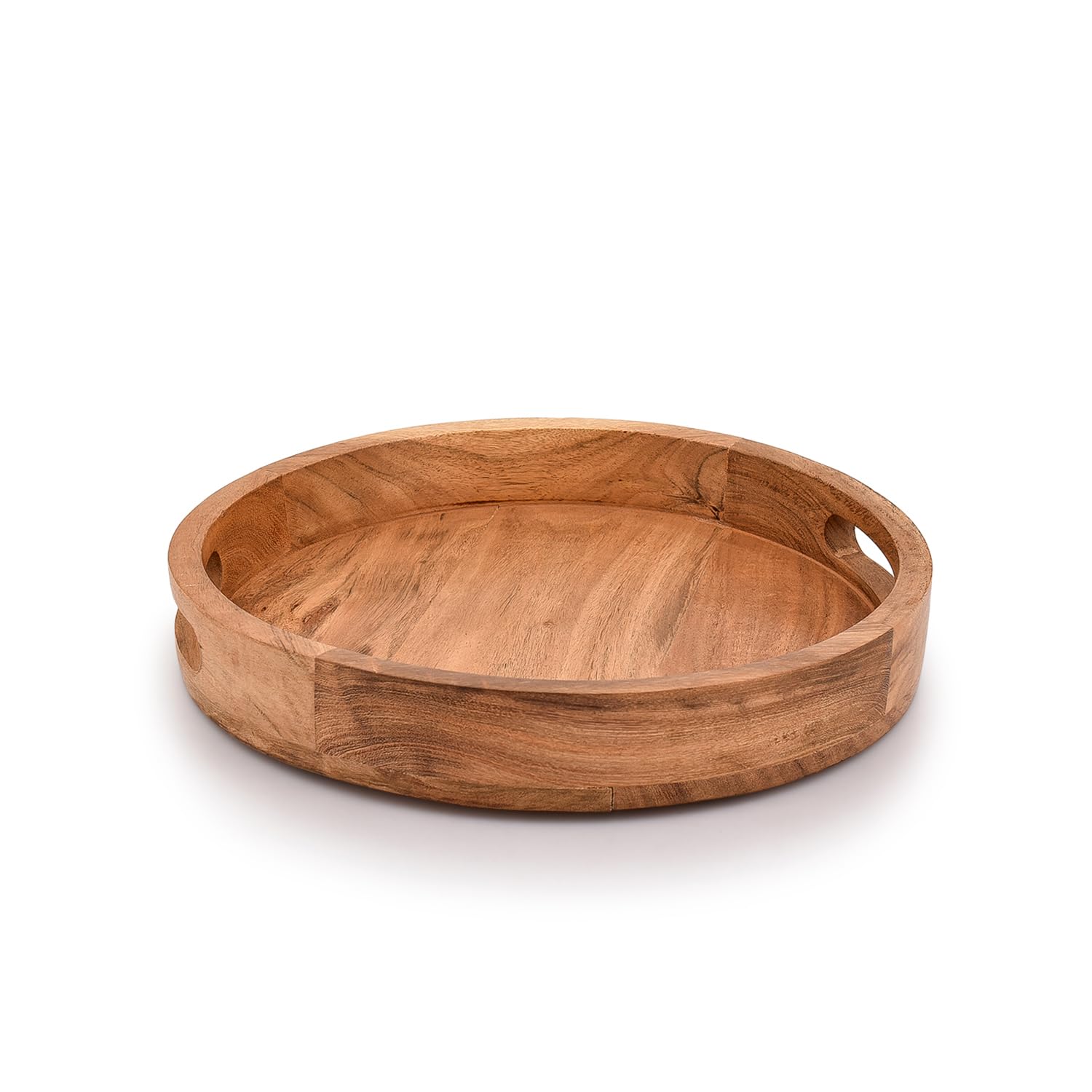 Samhita Round Serving Acacia Wooden Tray With Handles For Serving Beverages & Food On Bar Living Room Home Dining Table (12'' X