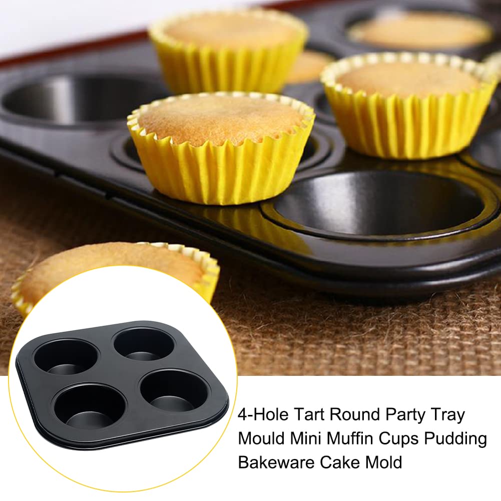 4 Cup Muffin Pan Mold - Non-Stick Cupcake Baking Tray/Tin - Carbon Steel Cake Mould For Home, Cafe Bar And Restaurant (Black)