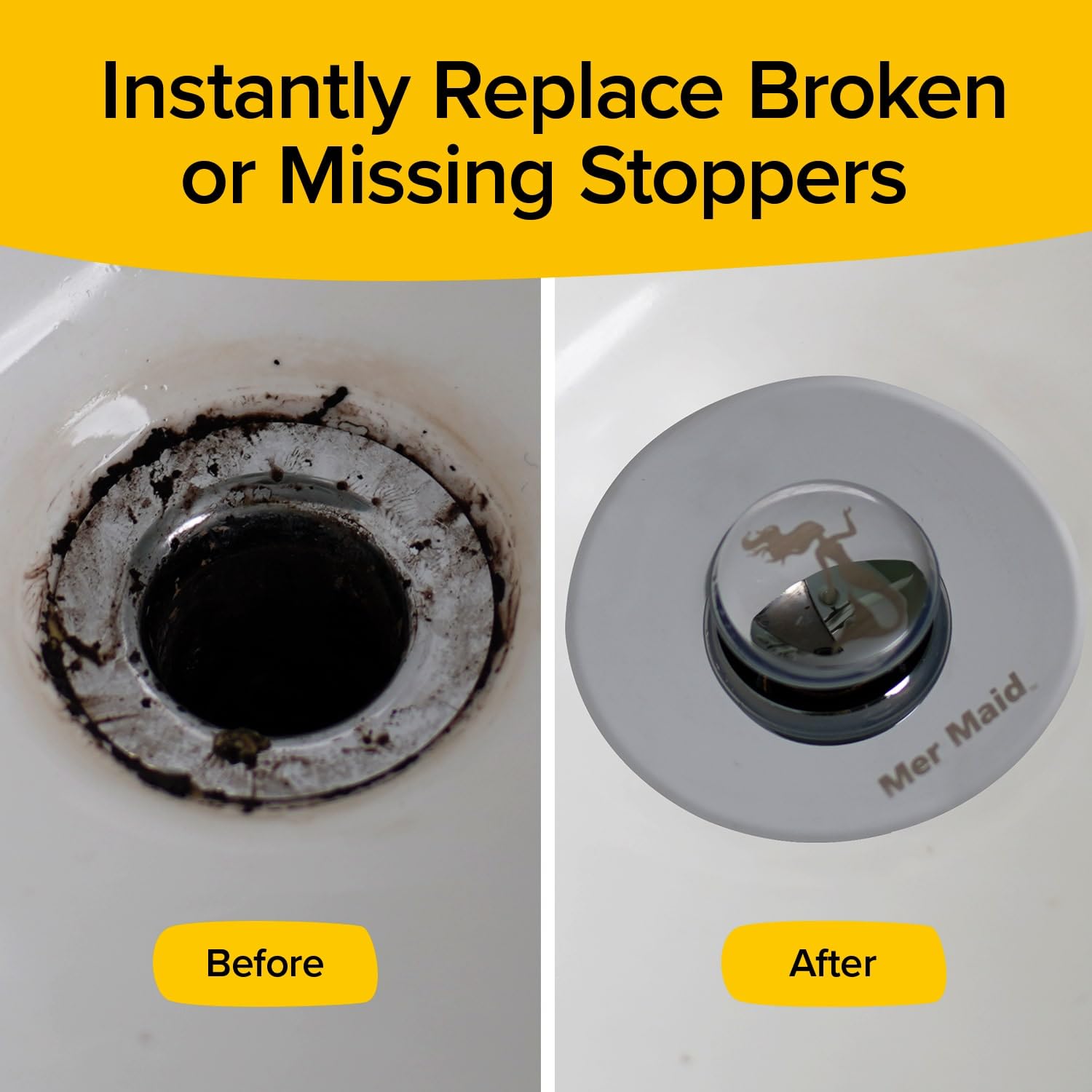 Mer-Maid Drain Magic Universal Sink Stopper, As-Seen-On-Tv, Replace Broken Or Missing Stoppers, Push To Fill & Drain, Catches Ha