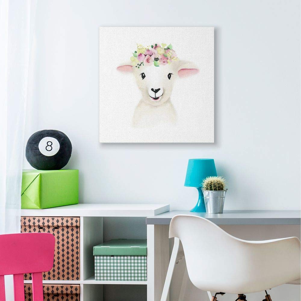 The Kids Room By Stupell Cute Cartoon Baby Lamb Sheep Flower Crown Farm Animal Painting Canvas Wall Art, 30 X 30, Multi-Color