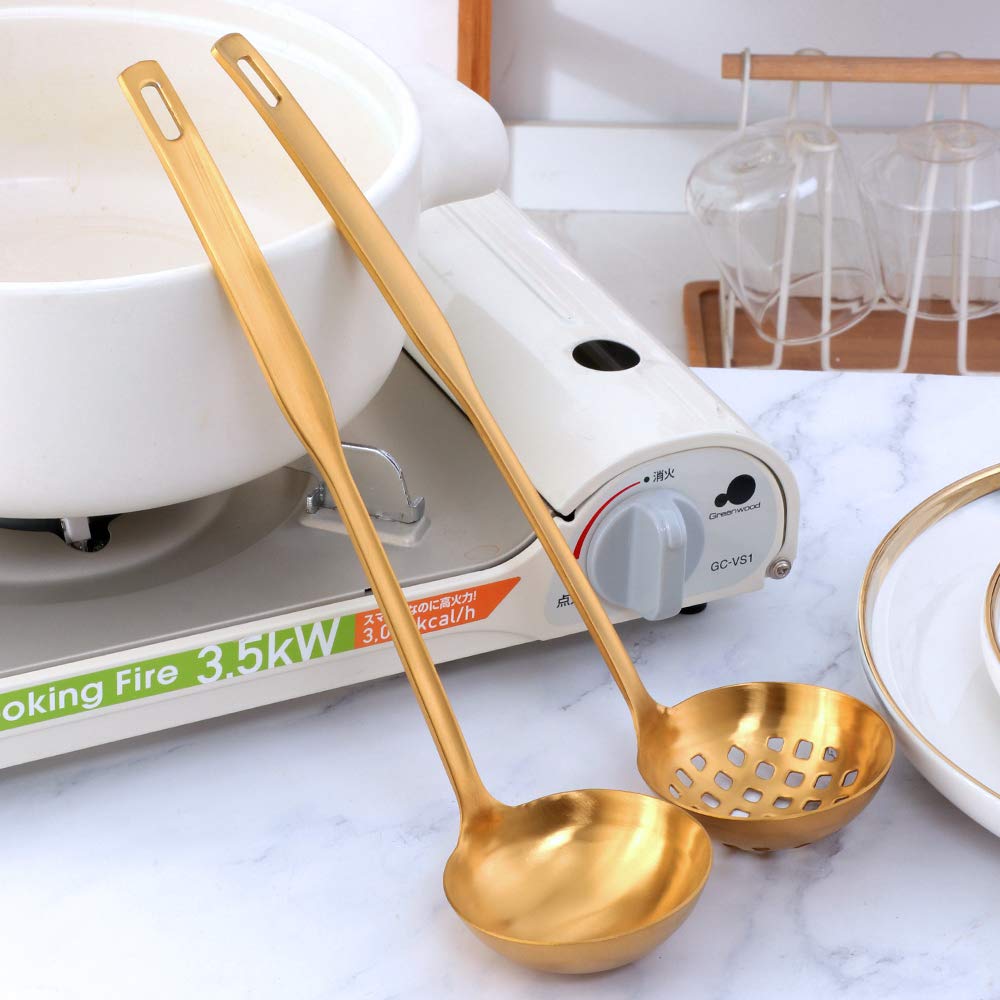 2 Pieces Gold Metal Soup Ladle Colander Set, Long Handle Stainless Steel Kitchenware Cookware Serving Spoon Cooking Utensil For