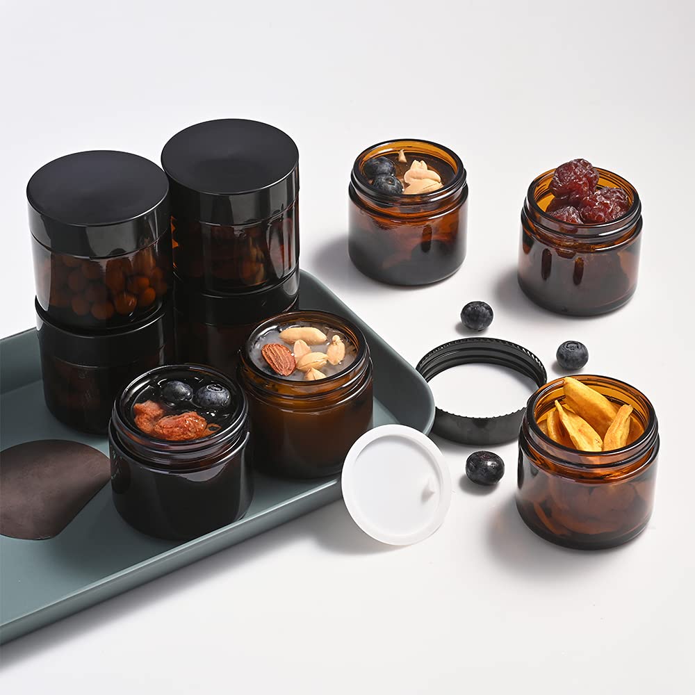 2 Oz Amber Glass Jars With Lids, Bumobum 3 Pack Small Jars With White Labels & Inner Liners, 60 Ml Empty Round Cosmetic Containe