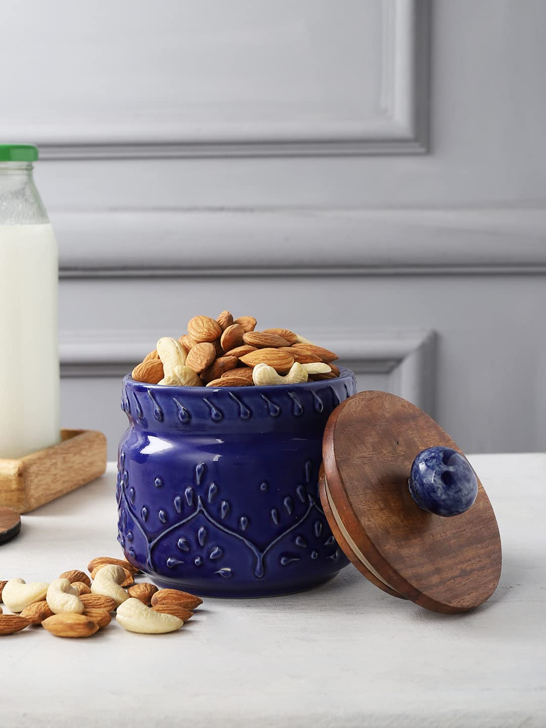Miah Decor Indigo Ceramic Jars For Kitchen Storage With Wooden Lid Tea Coffee Sugar Pickle Spices Stoneware Canister Food Storag