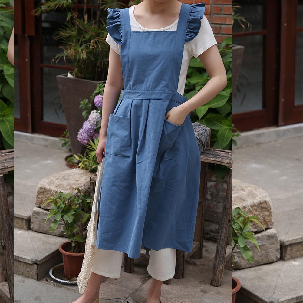 Obeeii Cotton Linen Apron For Women Girls Cross Back Kitchen Cooking Aprons With Pockets Vintage Baking Gardening Work Apron Pin