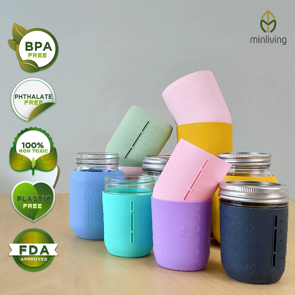 Minliving Silicone Mason Jar Sleeves, Cup Holder 5 Pack Value Combo Anti-Slip Protection - Fits 16Oz Regular Mouth Jelly Canning