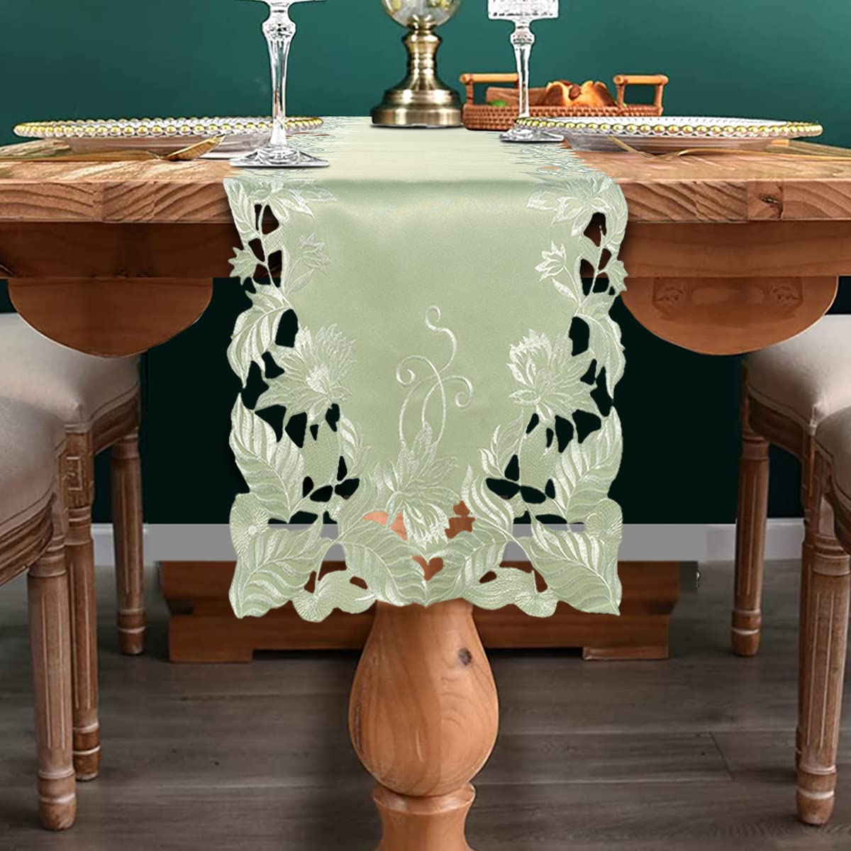 Light Green Table Runner - Lace Linen Dresser Scarf European Embroidery - Perfect For Kitchen Dining Room Home Decor Wedding Rec