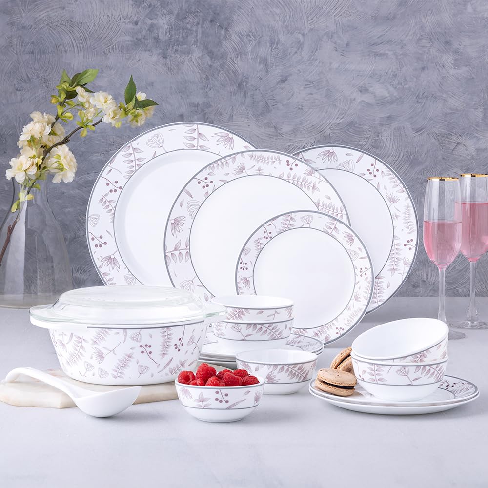 Larah By Borosil Premia Series Grandeur Opalware Dinner Set | 29 Piece For Family Of 6 | Microwave & Dishwasher Safe | BoneAsh 