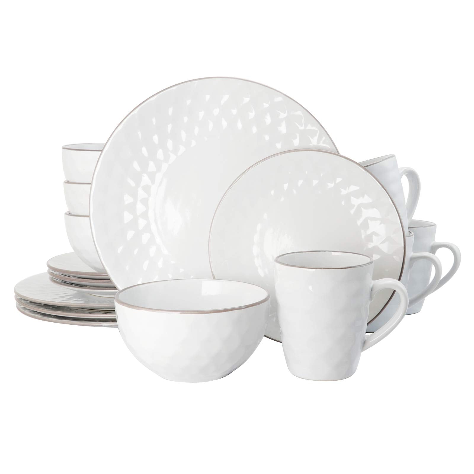 Elama Round Stoneware Pearl Collection Dinnerware Dish Set, 16 Piece, White