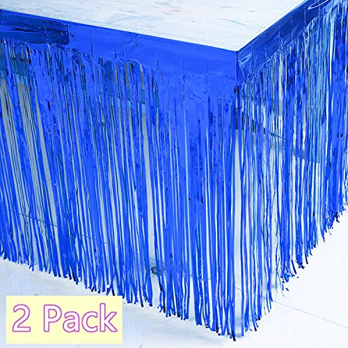 2 Packs Metallic Foil Fringe Table Skirt 29X108-Inch Roayl Blue Tinsel Table Skirts For Rectangle Tables