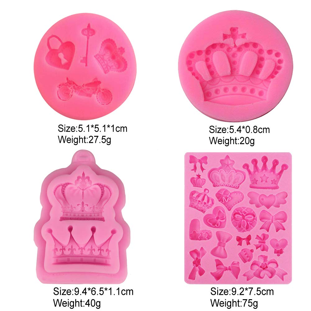 Simur 4 Pack Crown Fondant Candy Silicone Molds Bows Crown Heart Mold For Sugarcraft, Cake Decoration, Cupcake Topper, Chocolate
