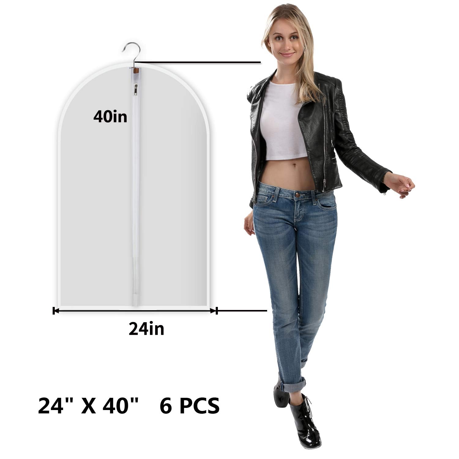 MsKitchen Garment Bags - Clear 24"x40" Dress Covers with Cedar Balls, 6 Pack, Translucent Plastic Protectors for Closet Storage