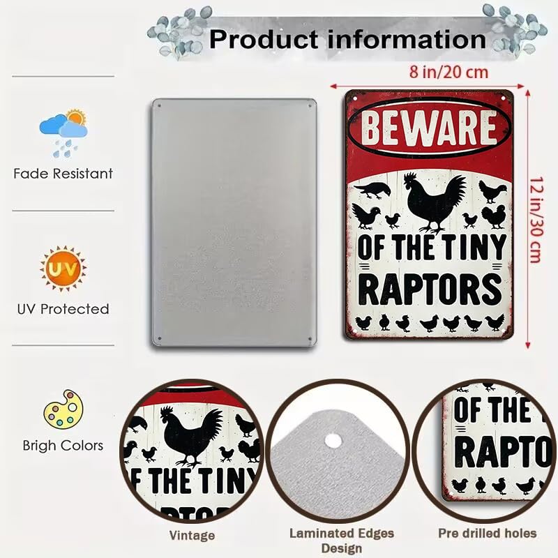 Funny Gifts for Women Chicken Lovers Farm Enthusiasts Beware of The Tiny Raptor Chicken Tin Sign for Chicken Coop Farm Kitchen G