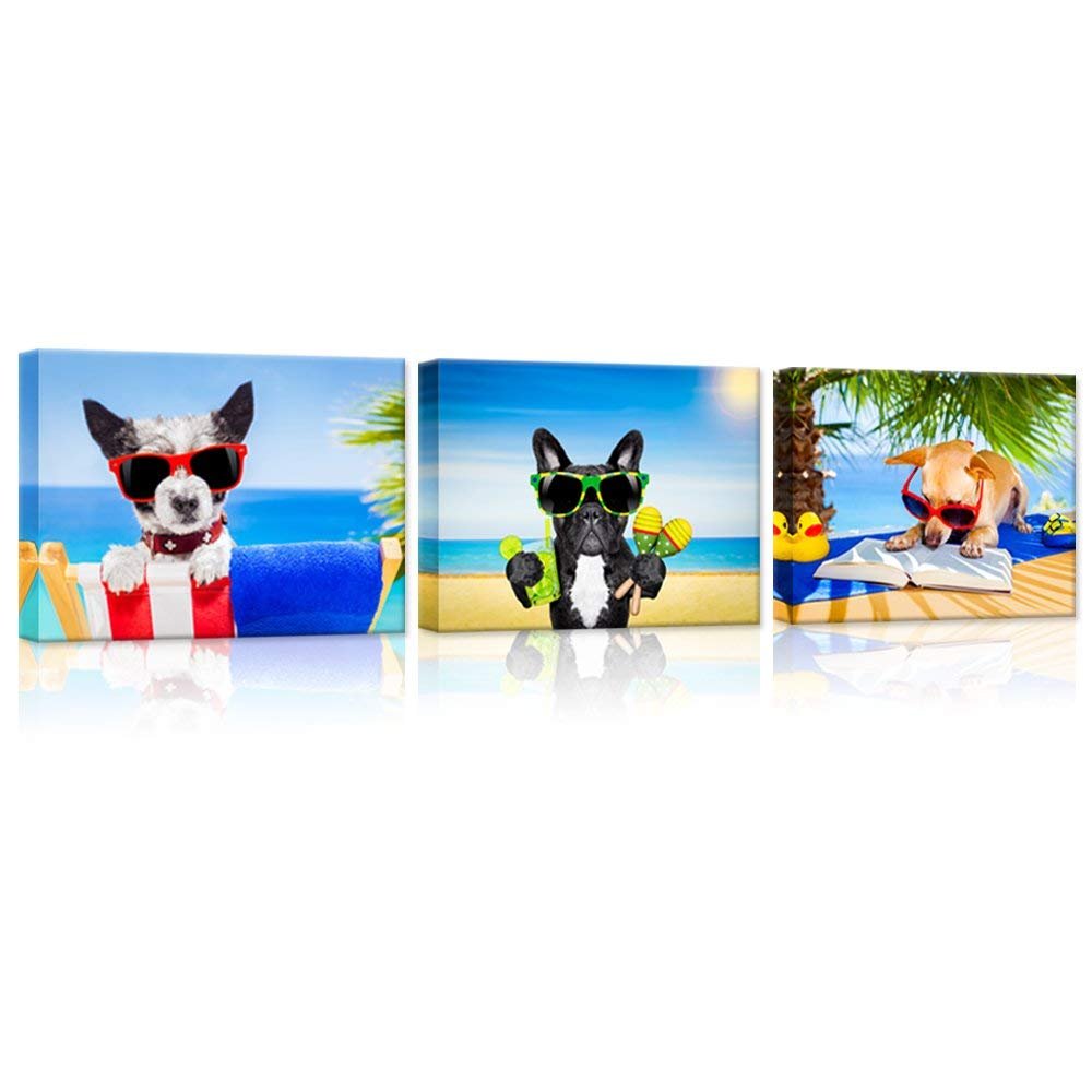 Ihappywall 3 Pieces Dog Animals Canvas Wall Art Chihuahua Reading Book Funny Puppy Relaxing On Summer Beach Painting For Bedroom