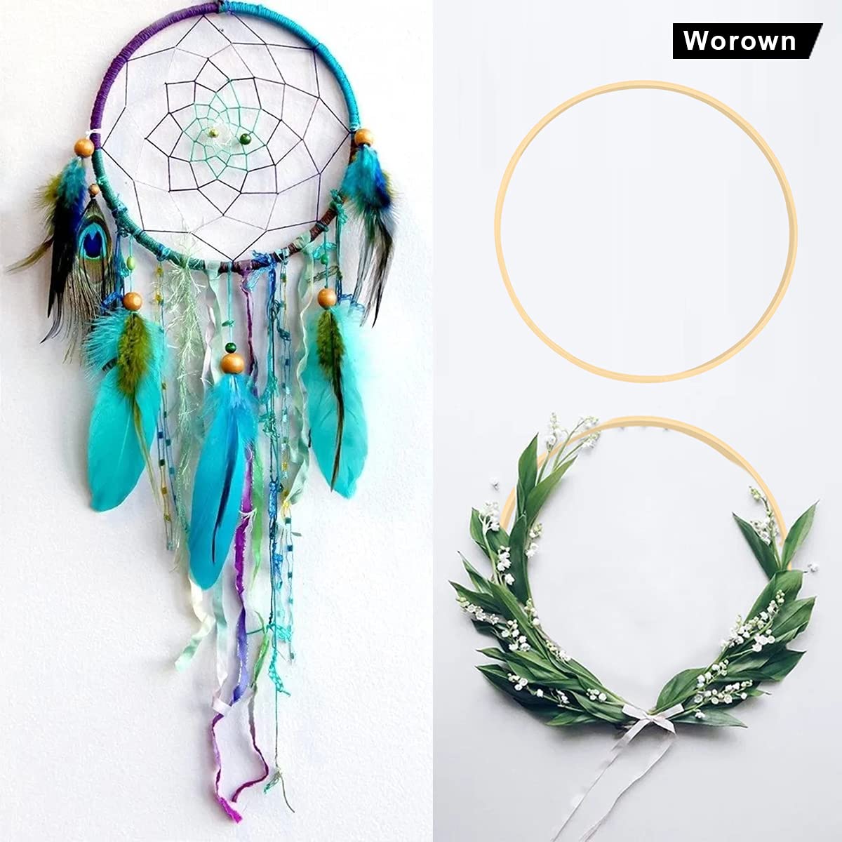Worown 2pcs 12 Inch Wooden Bamboo Floral Hoops Wreath Rings for Making Wedding Wreath Decor and Wall Hanging craft