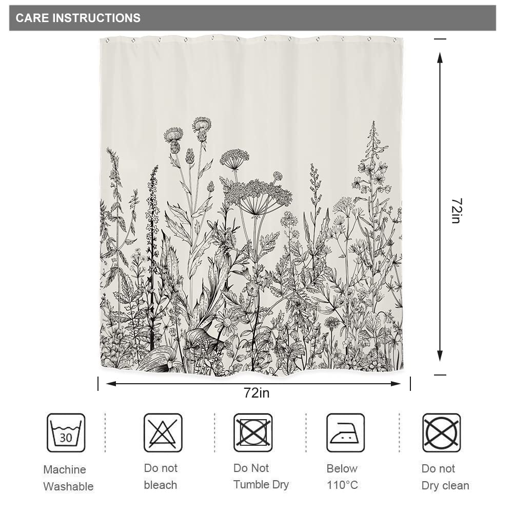 Riyidecor Wild Floral Shower Curtain Botanical Flower Plant Herbs Tulip Nature Blossom Wildflower Leaf Sketch Waterproof Fabric 72Wx72H Inch Polyester Bathroom Bathtub Decoration 12 Pack Plastic Hooks